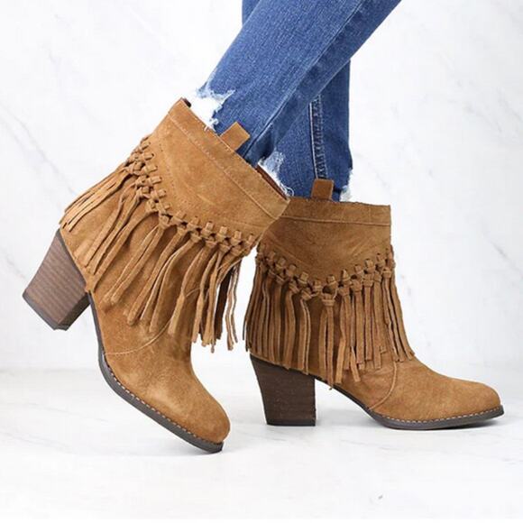 Sbicca Sound Suede Western Fringe Booties Tan Brown Size 6 - Picture 1 of 10